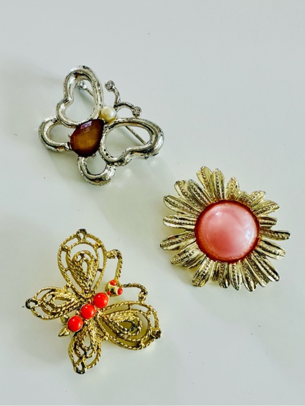 VTG Pot Metal Gold & Silver Butterfly and Pink Sunburst Brooch Trio